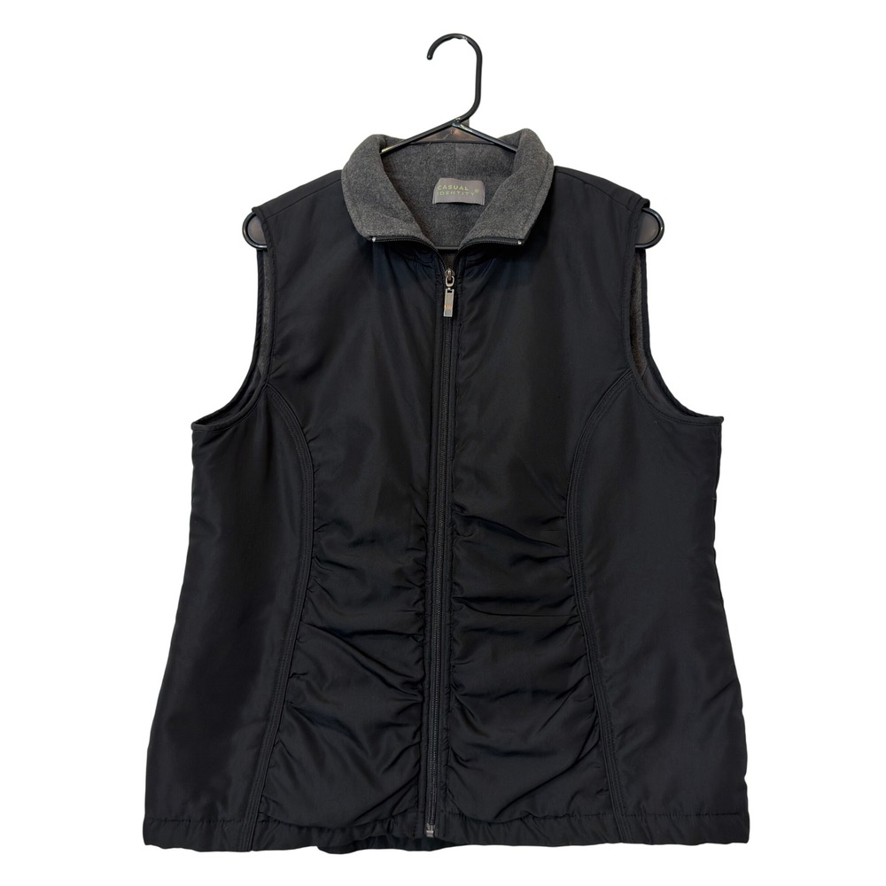 Casual Identity Vest Womens Large Black Good Fleece Lined Ruched Full Zip